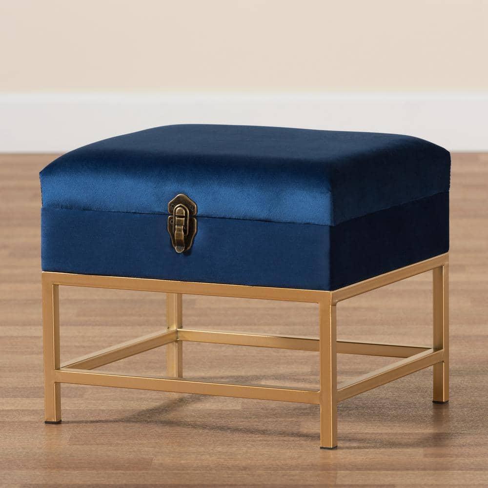 Baxton Studio Aliana Fabric and Metal Ottoman Navy Blue/Gold  Velvet Upholstered Bench, No Assembly Required