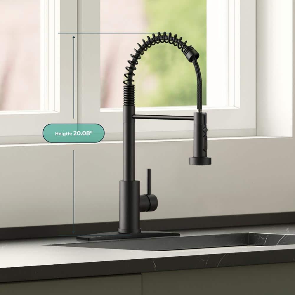FORIOUS Black Kitchen Faucet with Soap Dispenser, Single Handle Stainless Steel Spring Sink Faucet with Pull Down Sprayer Transitional for Farmhouse Camper Laundry Camper