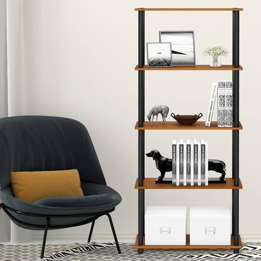 Furinno 5-Tier Tall Decorative Bookshelf Storage Bookcase Open Multipurpose Shelves Display Rack for Living Room&Home Office,Light Cherry/Black
