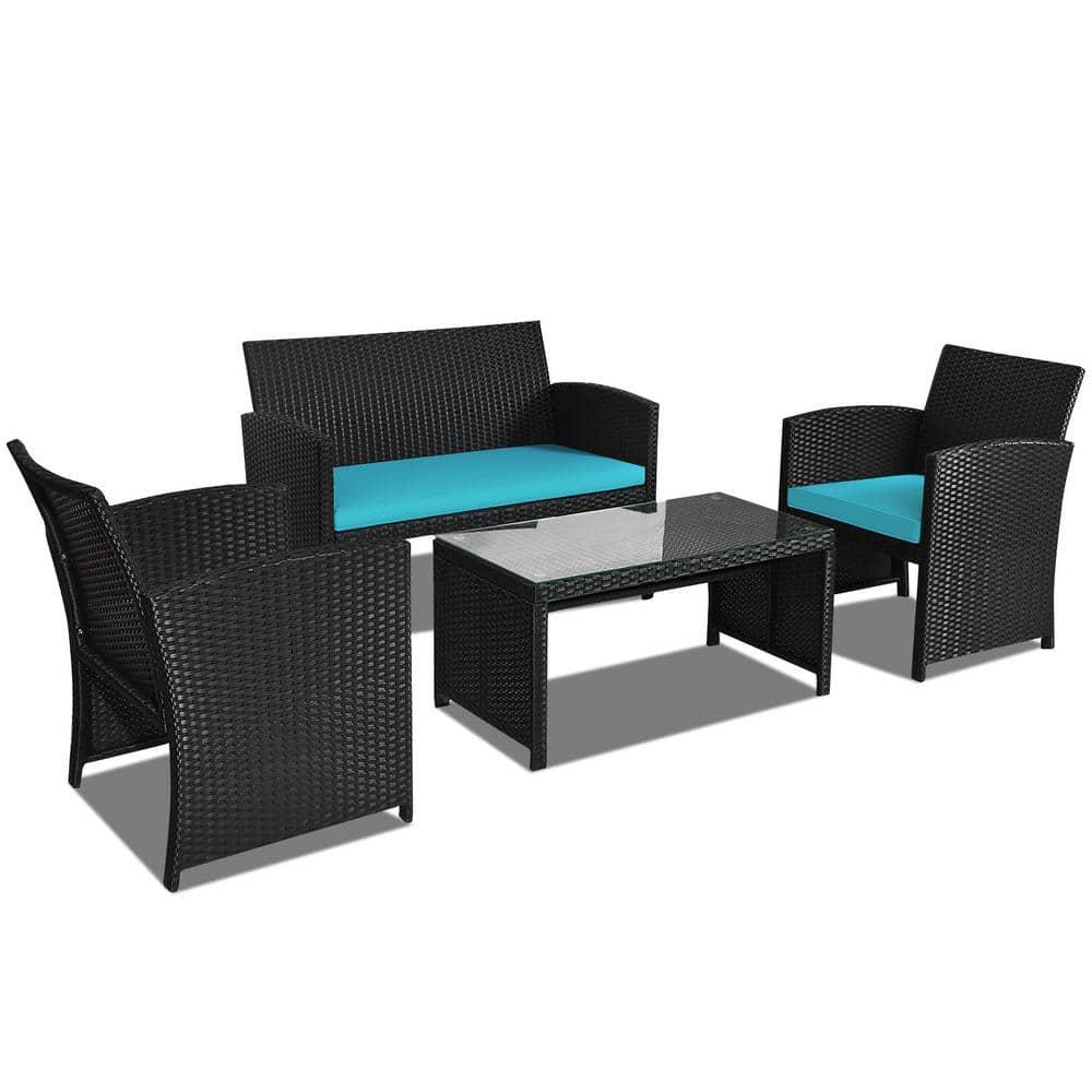 Resenkos 4 Pieces Patio Rattan Furniture Set, Outdoor Patio Furniture Set with Weather Resistant Cushions and Tempered Glass Tabletop-Turquoise