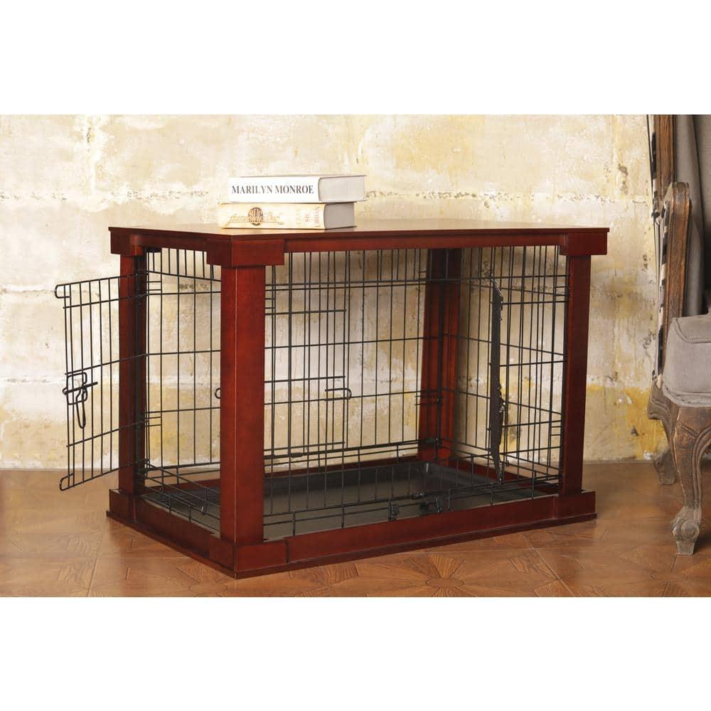 Merry Products 2 Door Decorative Pet Kennel with Wooden Protection Cover, Divider Insert, and Removable Tray End or Side Table, Large, Brown