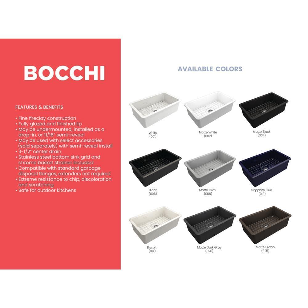 BOCCHI Sotto Undermount Fireclay 32 in. Single Bowl Kitchen Sink with Protective Bottom Grid and Strainer in Matte White