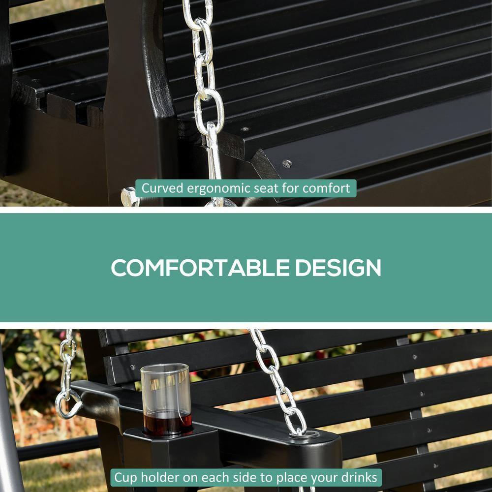 Outsunny 46" 2-Person Porch Swing Wooden Patio Swing Bench with Cup Holders, Slatted Design, & Chains Included, 440lb Weight Capacity, Black