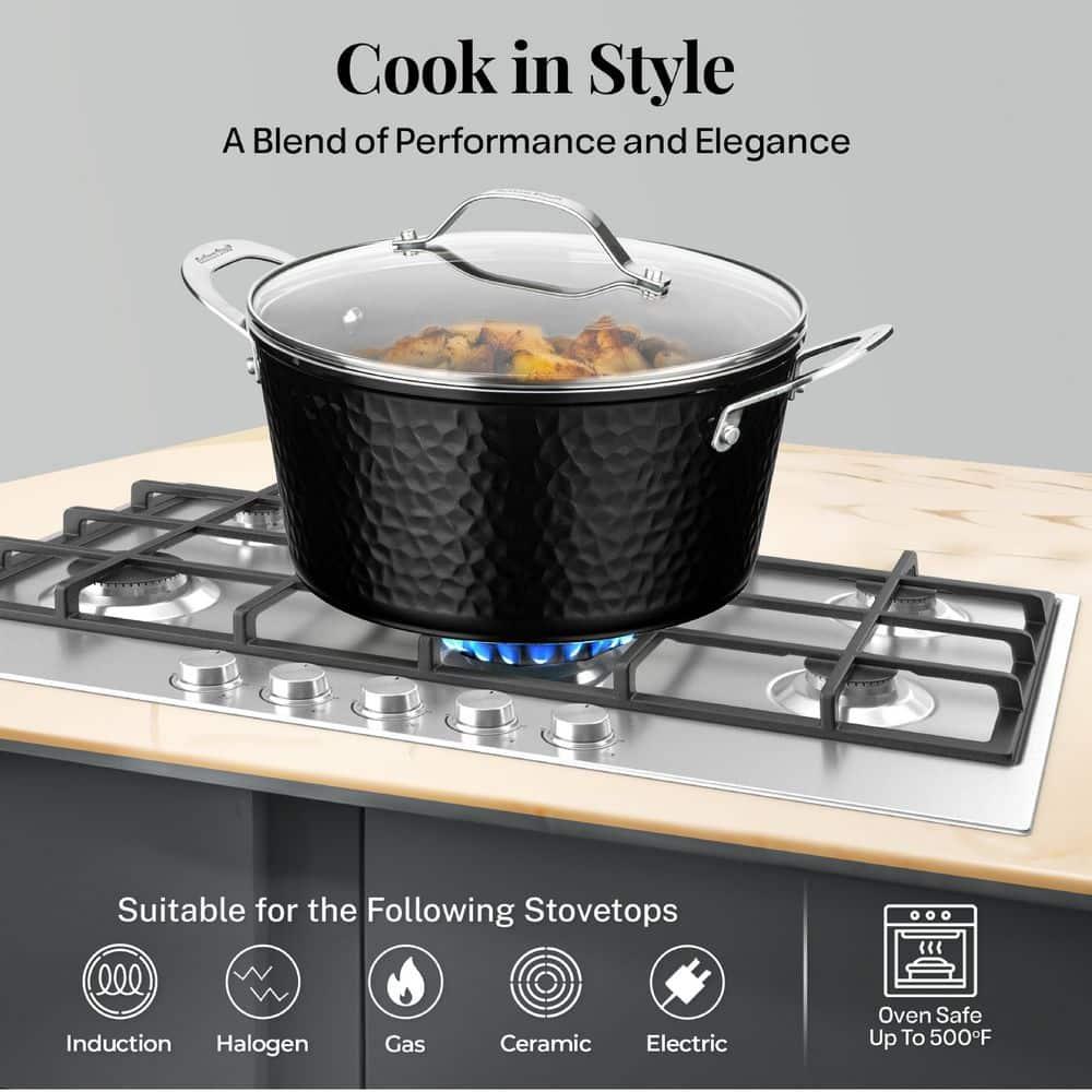 Gotham Steel Hammered Stock Pot 5 Quart Large Soup Pasta Pot Nonstick Ceramic Cooking with Glass Lid Black