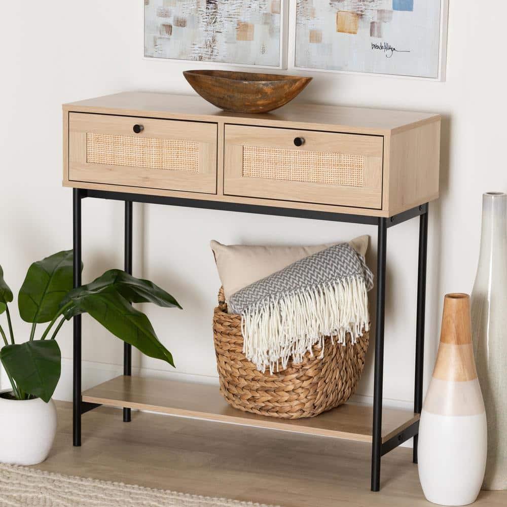 Sherwin 2 Drawer Console Table with Woven Rattan Accent Light Brown/Black - Baxton Studio:Entryway Storage