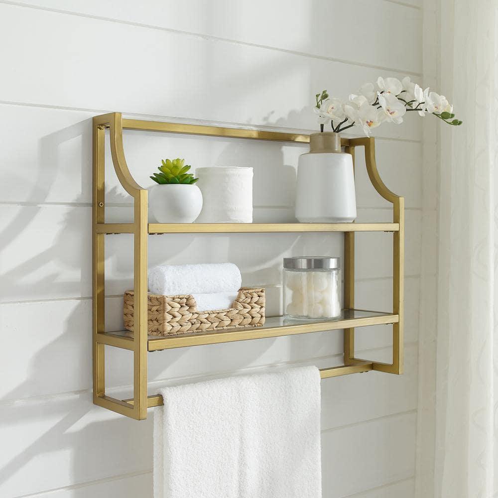 Crosley Aimee Wall Shelf Gold: Modern Luxury Storage with Tempered Glass, Steel Frame, Open Design