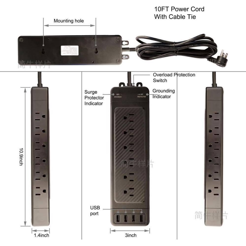 Surge Protector Power Strip 10 ft Cord Heavy Duty High Joules Surge Protection (4800J),18AC,4 USB Ports (2A+2C PD20W Total 37W),1875W 15A,for Commercial,Industrial,Office,Home,College,Black