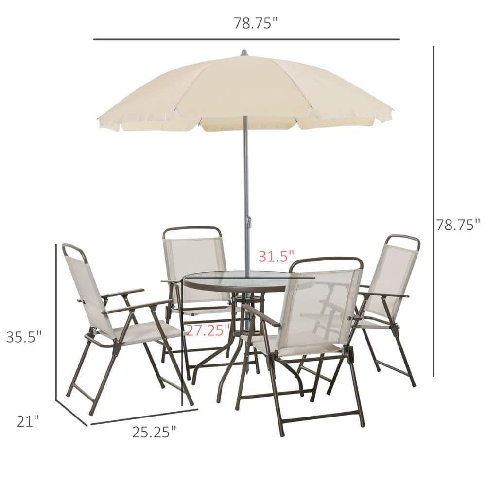 Outsunny 6 Piece Patio Dining Set for 4 with Umbrella, 4 Folding Dining Chairs & Round Glass Table for Garden, Backyard, and Poolside, Beige