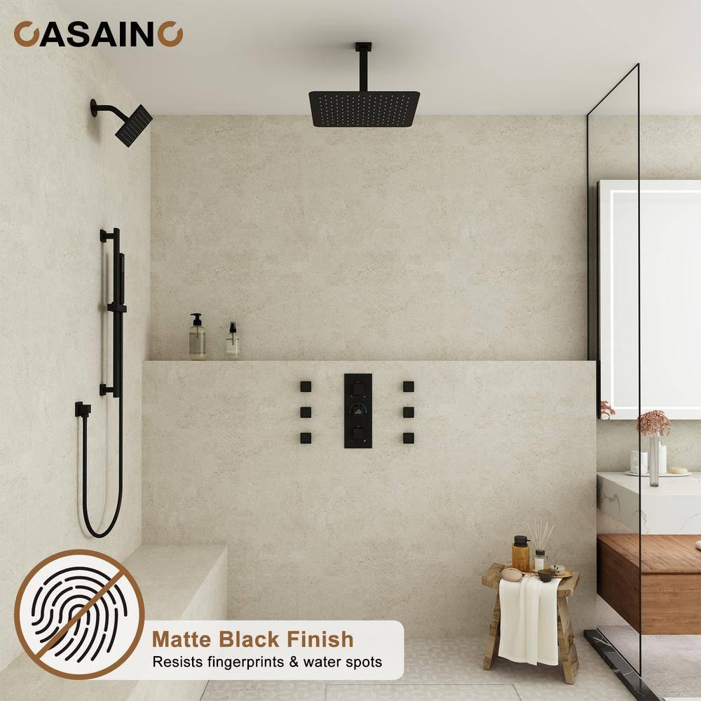 CASAINC Rainfall Symphony 16inch Dual Shower Head Rainfall Thermostatic Shower System with 16-inch Slide Bar and Body spray KCHS0019-16MB