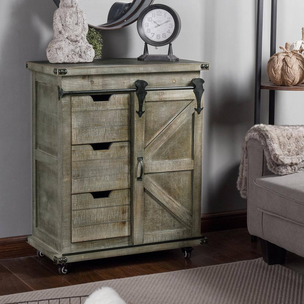 Presley Driftwood Gray Rustic Side Cabinet with Black Metal Hardware