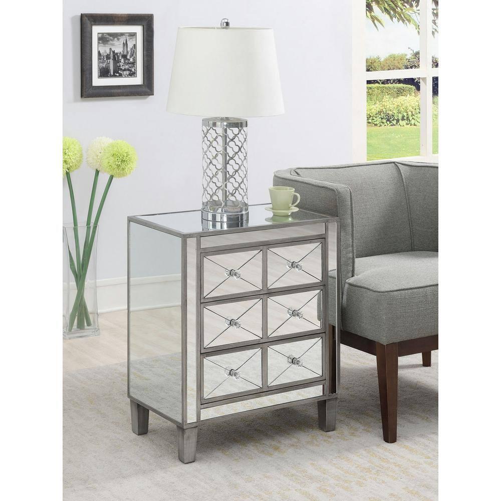 Convenience Concepts Gold Coast BettyB Mirrored 3 Drawer End Table, Antique Silver/Mirror