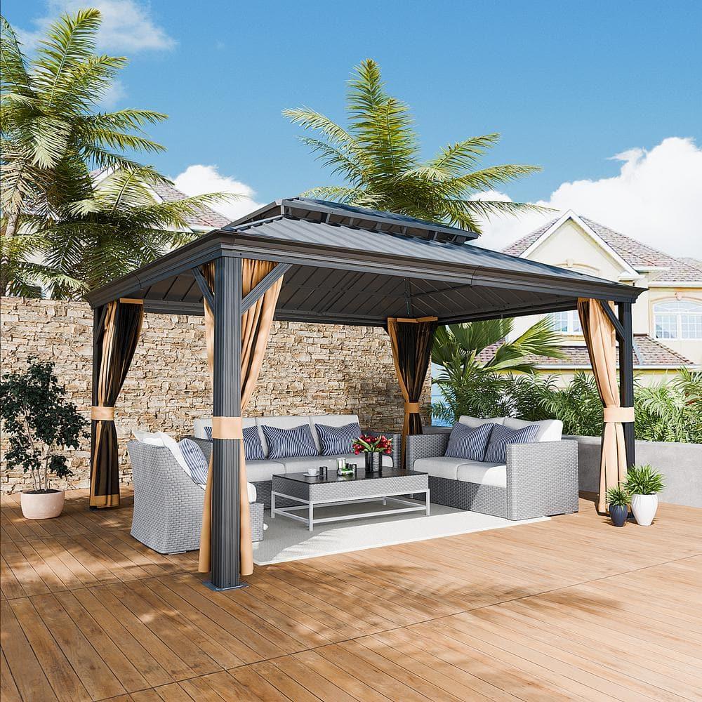 Kozyard Kozyard Alexander Gray Double Roof Hardtop Gazebo with Privacy Curtain Mosquito Netting