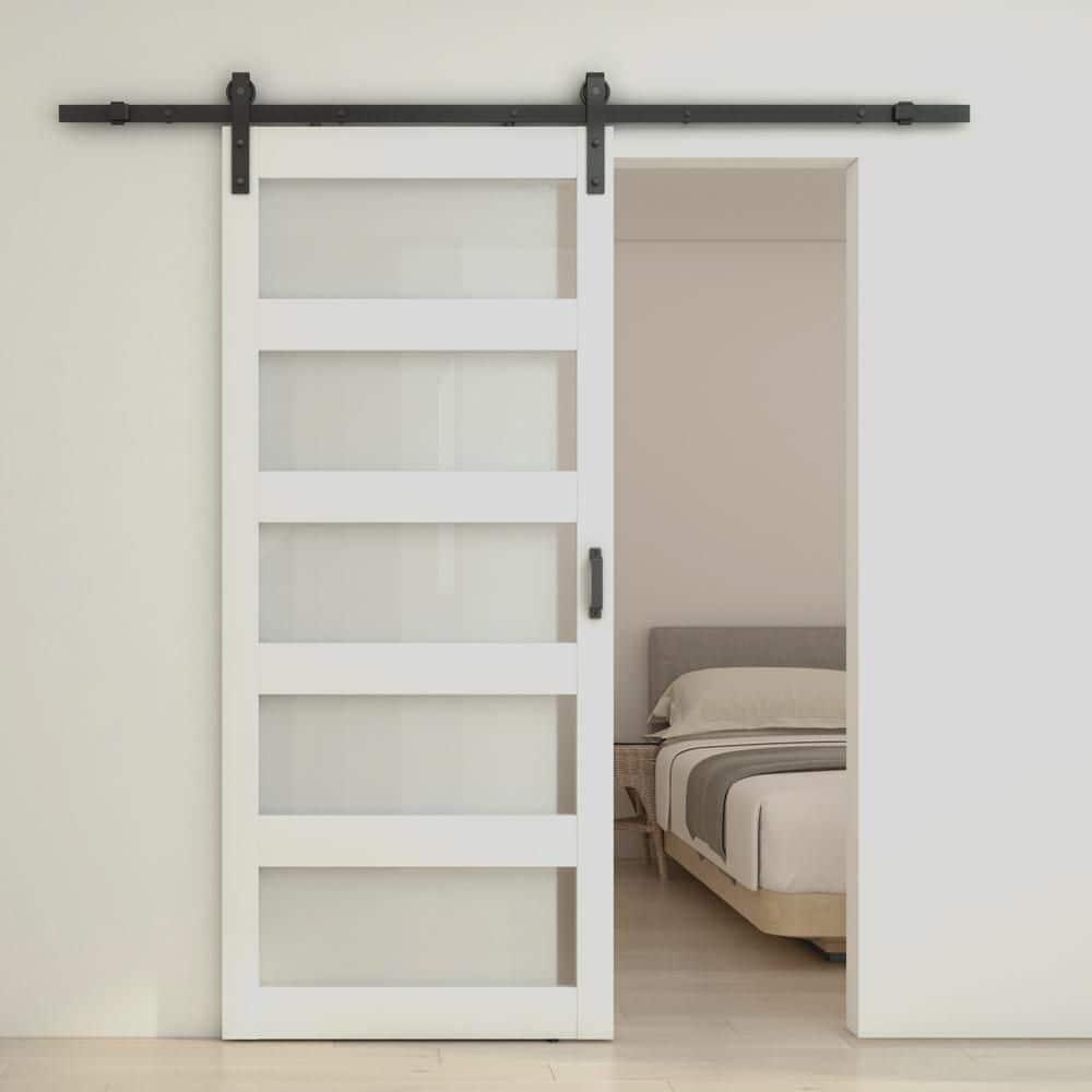 Calhome 5 Lite Tempered Frosted Glass Finished Composite Interior Sliding Barn Door with Hardware Kit