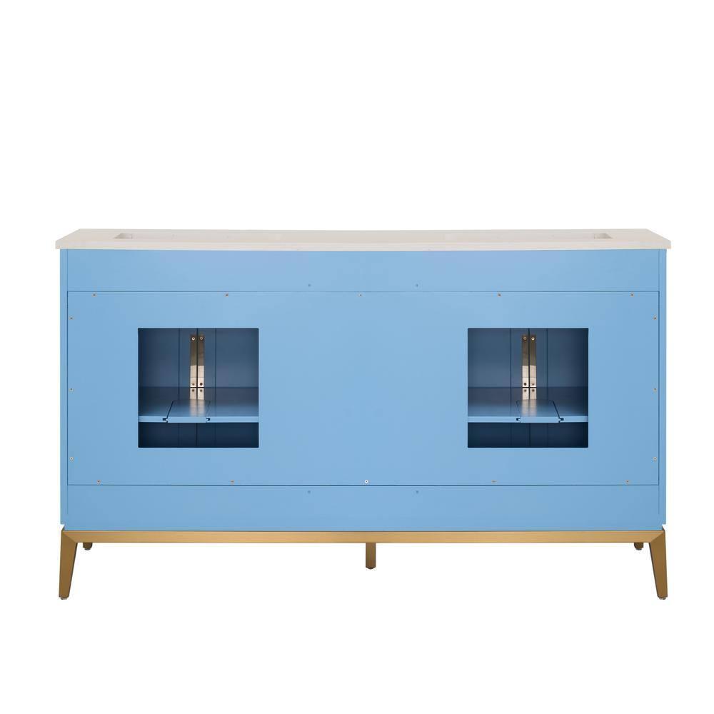 60 in Blue Solid Wood Double Sink Vanity with White Quartz Top
