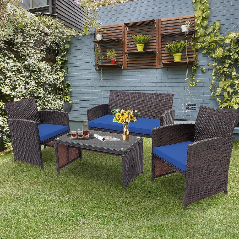 Resenkos 4 Pieces Outdoor Rattan Furniture Set, Wicker Furniture Sets, Patio Conversation Sets with Coffee Table Cushioned Sofa-Red
