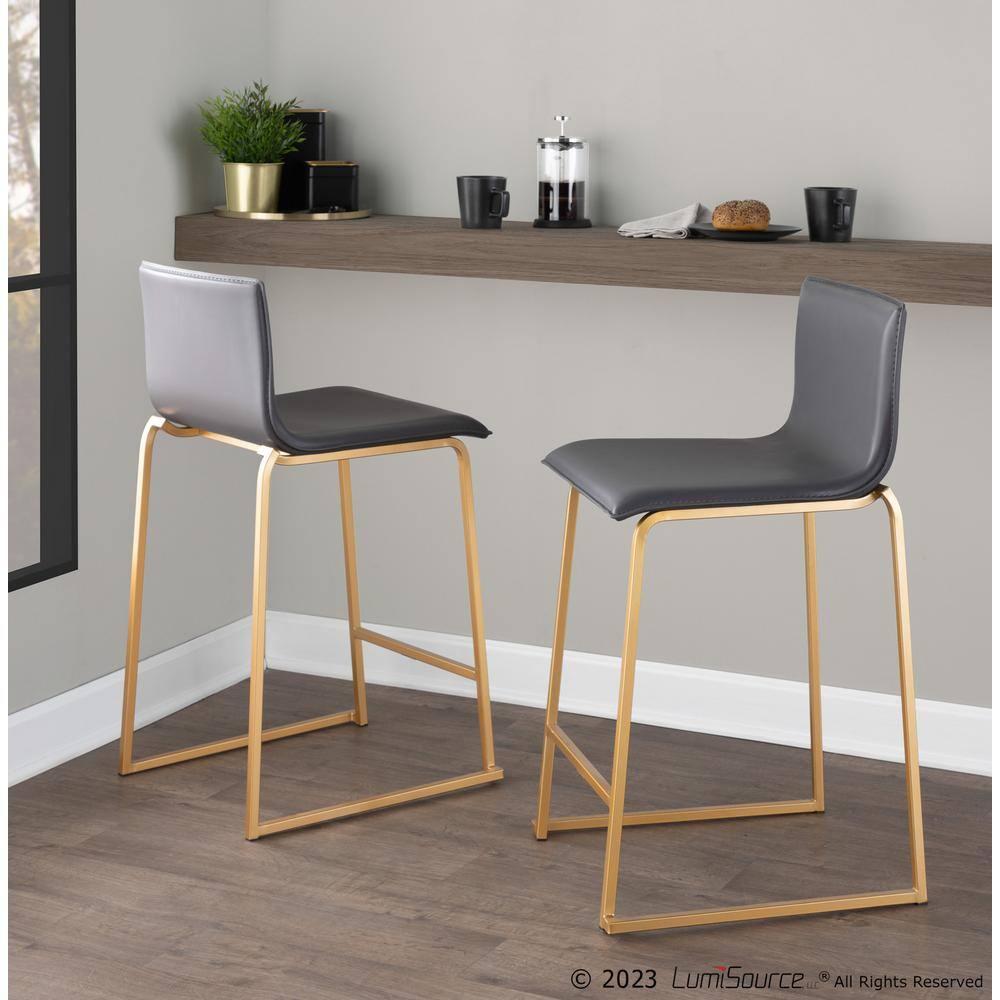Set of 2 Mara Counter Height Barstools Gold/Gray - LumiSource: Modern Faux Leather, Metal Base, Footrest
