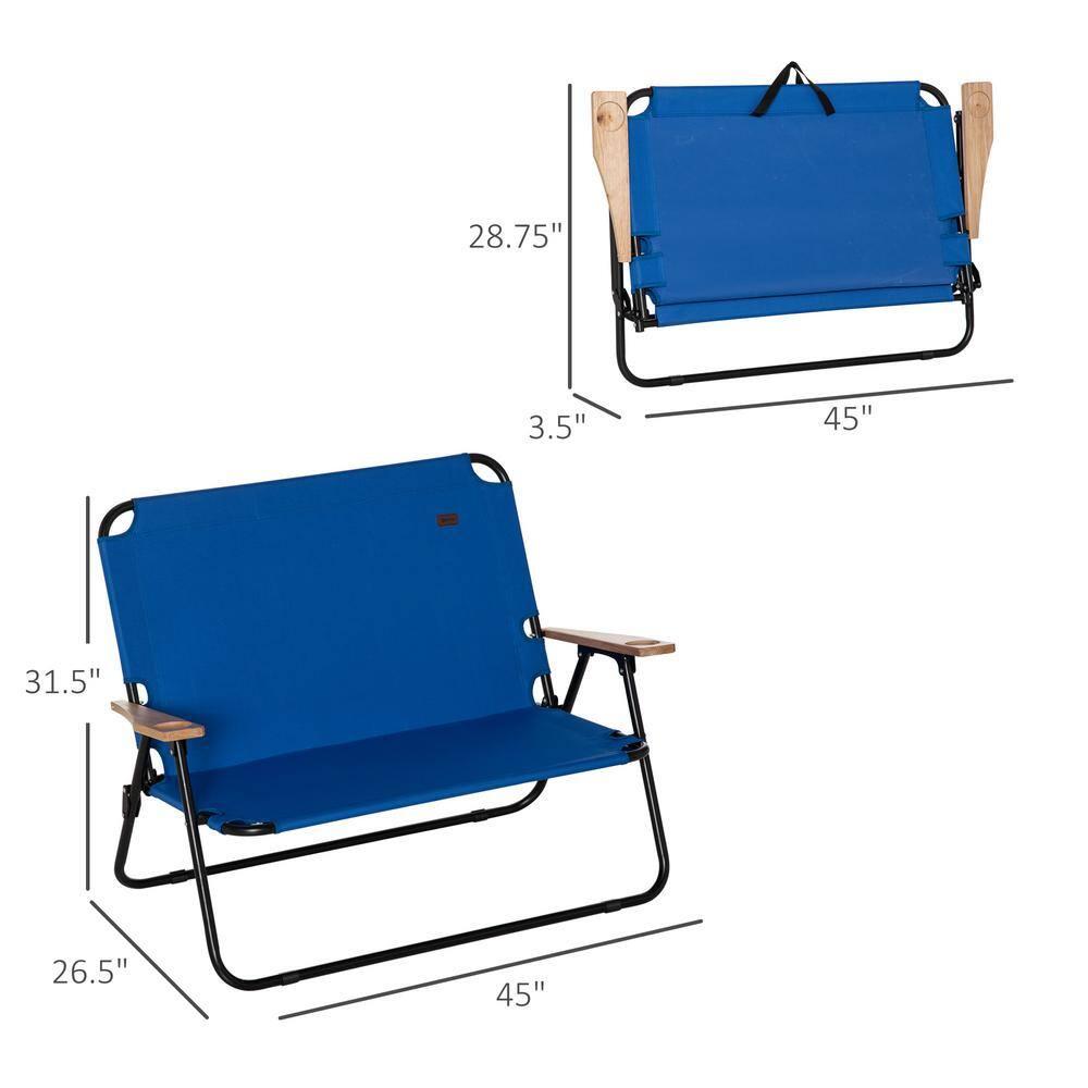 Outsunny Portable Folding Double Camping Chair Cup Holder, Loveseat for 2 Person, Outdoor Chair with Wood Armrest Beach Travel, Blue