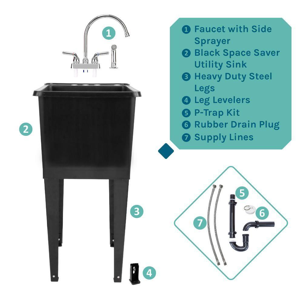 TEHILA Space Saver 16 Gallon Black Utility Sink with Chrome Finish Faucet & Side-Sprayer