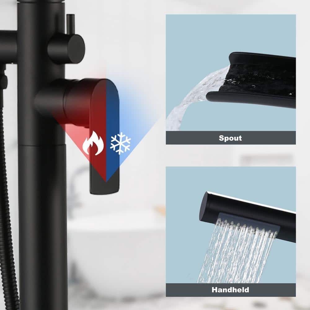 MOGFCT Waterfall Freestanding Bathtub Faucet Set Single Handle Floor Mount Tub Filler with Hand Shower ,Matte Black