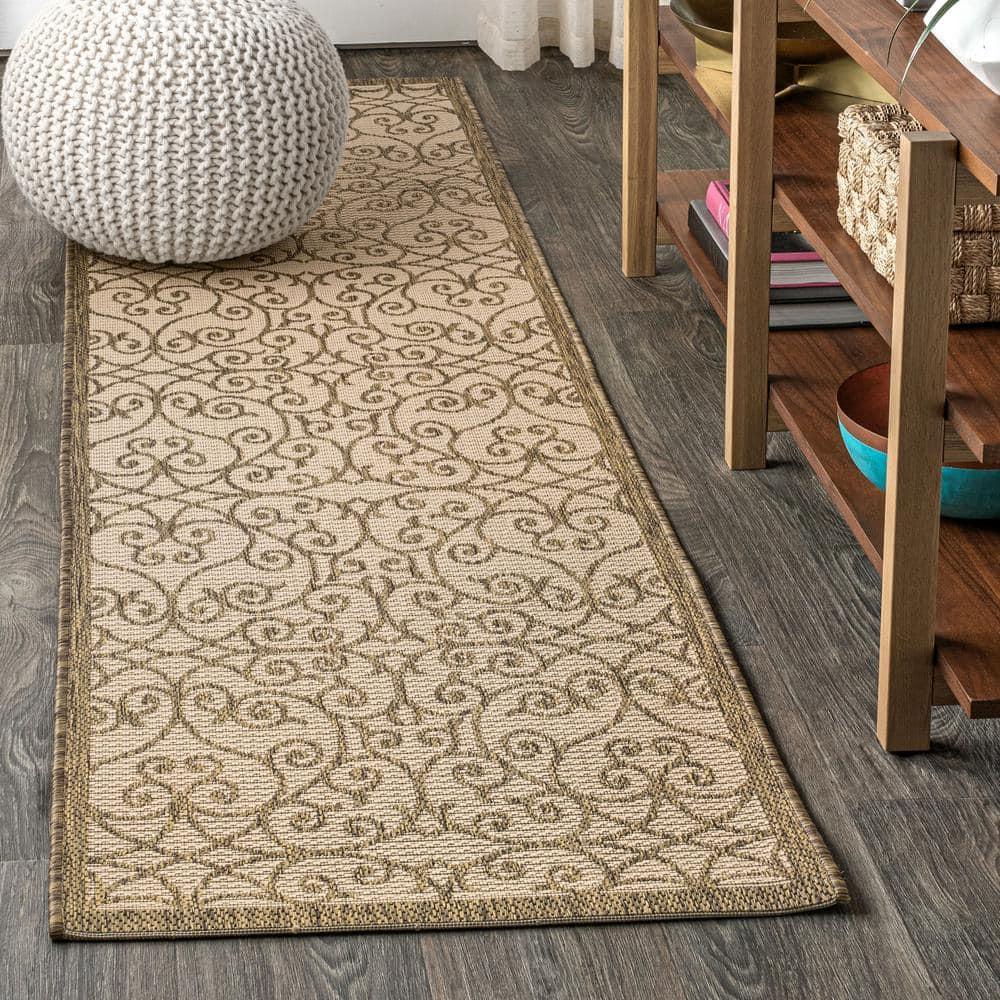 2'x8' Madrid Vintage Filigree Textured Weave Indoor/Outdoor Runner Rug, Beige/Brown - JONATHAN Y