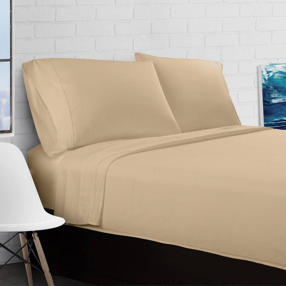 Luxe Cotton Percale Crisp and Cool Sheet Set, Queen, Sand