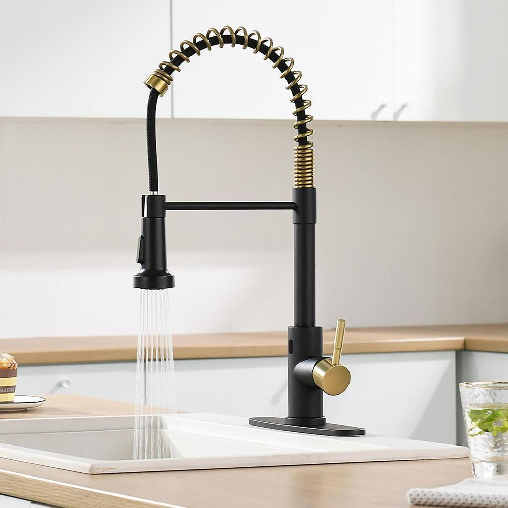 GIMILI Black and Gold Touchless Kitchen Faucet with Pull Down Sprayer Motion Sensor Smart Hands-Free Activated Single Hole Spring Faucet for Kitchen Sink