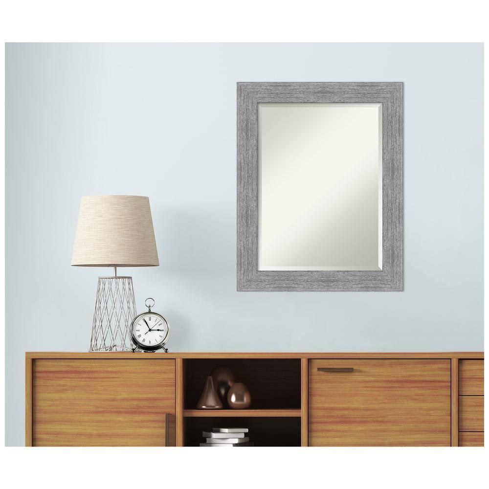Amanti Art Beveled Bathroom Wall Mirror - Bark Rustic Char Frame Bark Rustic Grey Outer Size: 23 x 29 in Silver, Brown, Grey