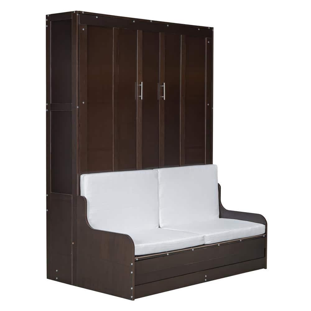 Harper & Bright Designs Queen Size Murphy Bed Chest with Upholstered Headboard, Espresso Wood Wall Bed Cabinet with Cushion Seat, Foldable for Guest Room Home Office
