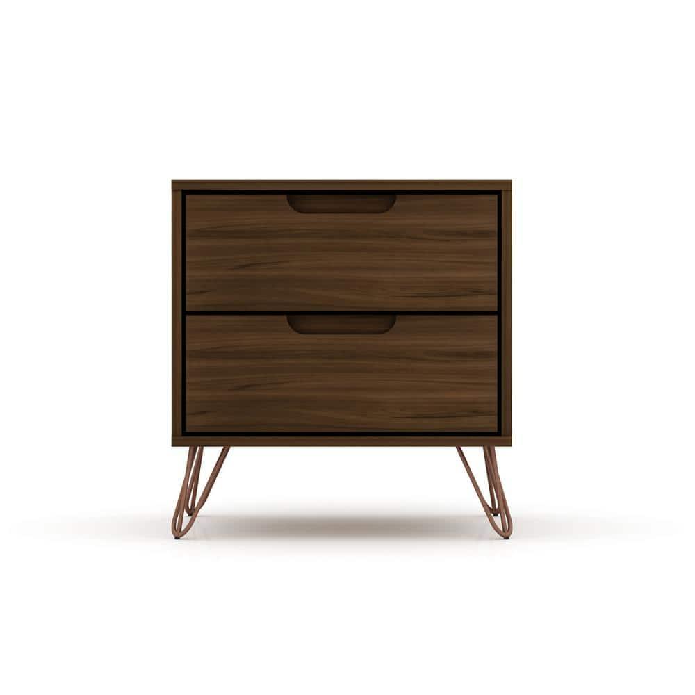 Set of 2 Rockefeller 2 Drawer Nightstands Brown - Manhattan Comfort: Mid-Century Design, Metal Legs, MDF Construction