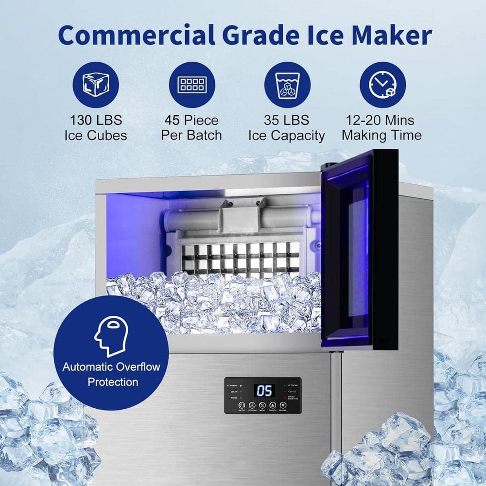 Commercial Built-in or Freestanding Ice Maker 130Lbs/24H with 35Lbs Ice Capacity, 45Pcs Ice Cubes, Stainless Steel