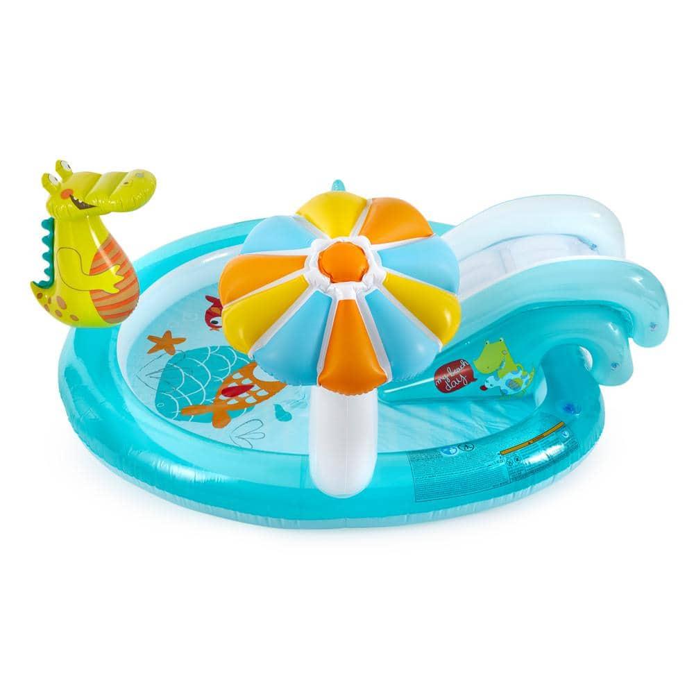 Intex 57165EP Gator 6.6ft x 5.6ft x 4in Outdoor Inflatable Kiddie Pool Water Play Center with Slide, for Toddlers Ages 2 and Up