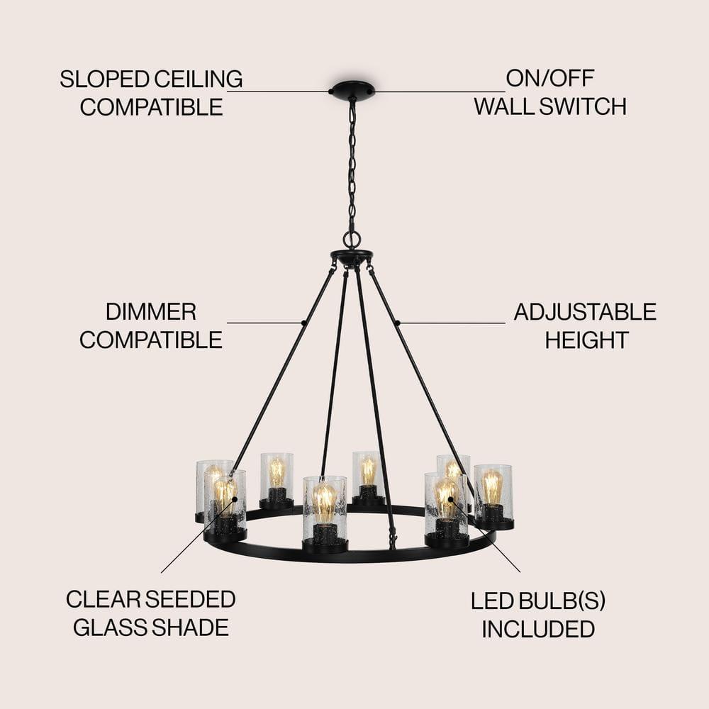 JONATHAN Y JYL7554A Coronet 33.5" 8-Light Iron/Seeded Glass Rustic Farmhouse Round LED Chandelier, Industrial, Vintage for living room, dinning room, bedroom Bulb Included, Oil Rubbed Bronze