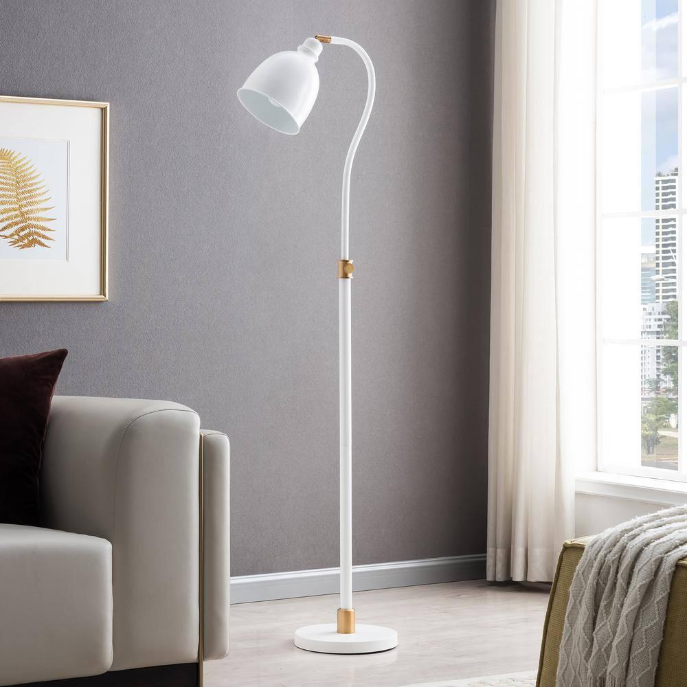 Evelyn&Zoe Vincent Adjustable/Arc Floor Lamp with Metal Shade, Matte White/Brass/Matte White