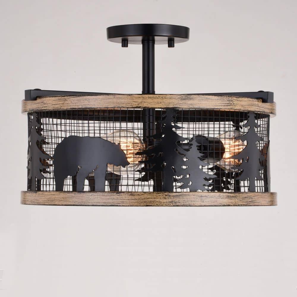Kodiak 16-in W Black and Teak Rustic Semi Flush Mount Ceiling Light Bear and Tree Motif