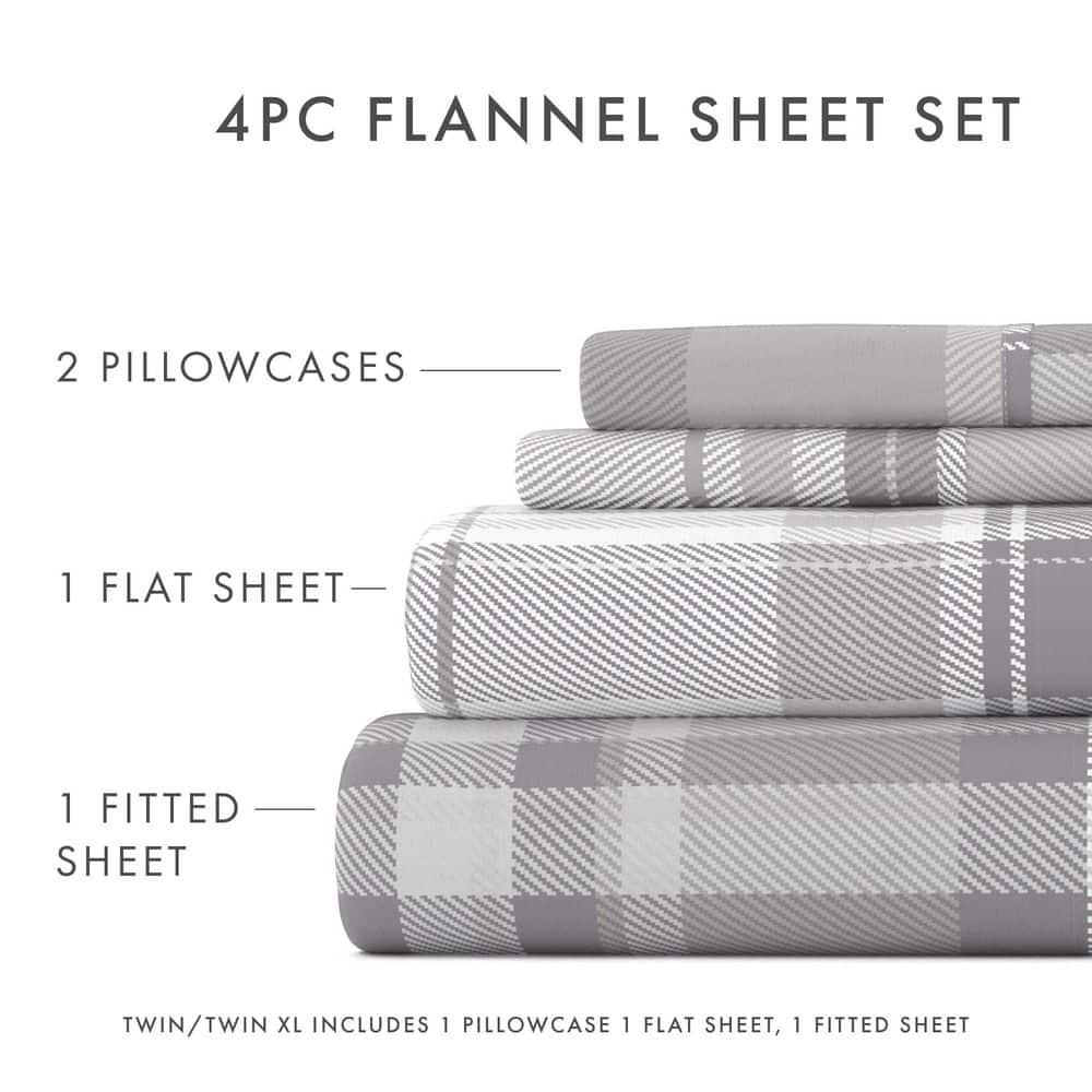 Light Grey Plaid 4 Piece 100% Cotton Flannel Deep Pocket Sheet Set, Queen, by Noble Linens