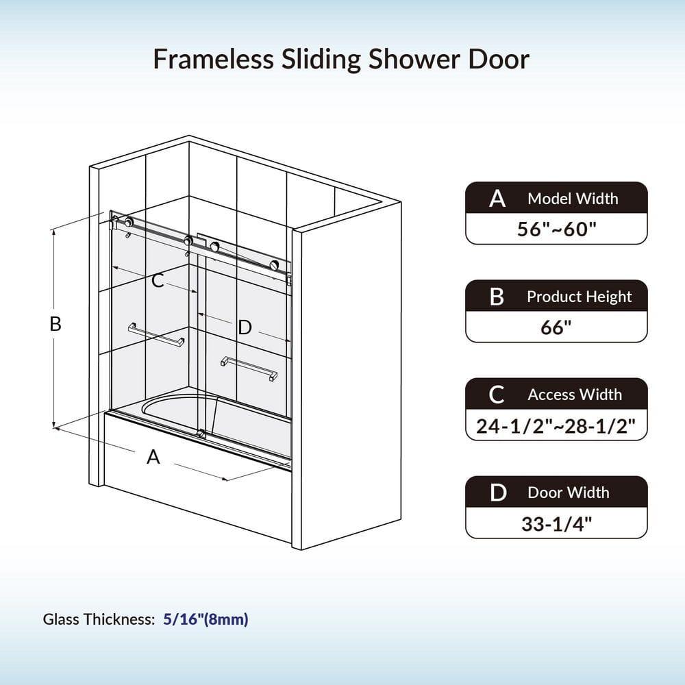 WoodBridge Frameless Single Sliding Shower Doors, 56-60" W X 62" H With 5/16" Clear Tempered Glass And Explosion-Proof Film MSDF6062-B
