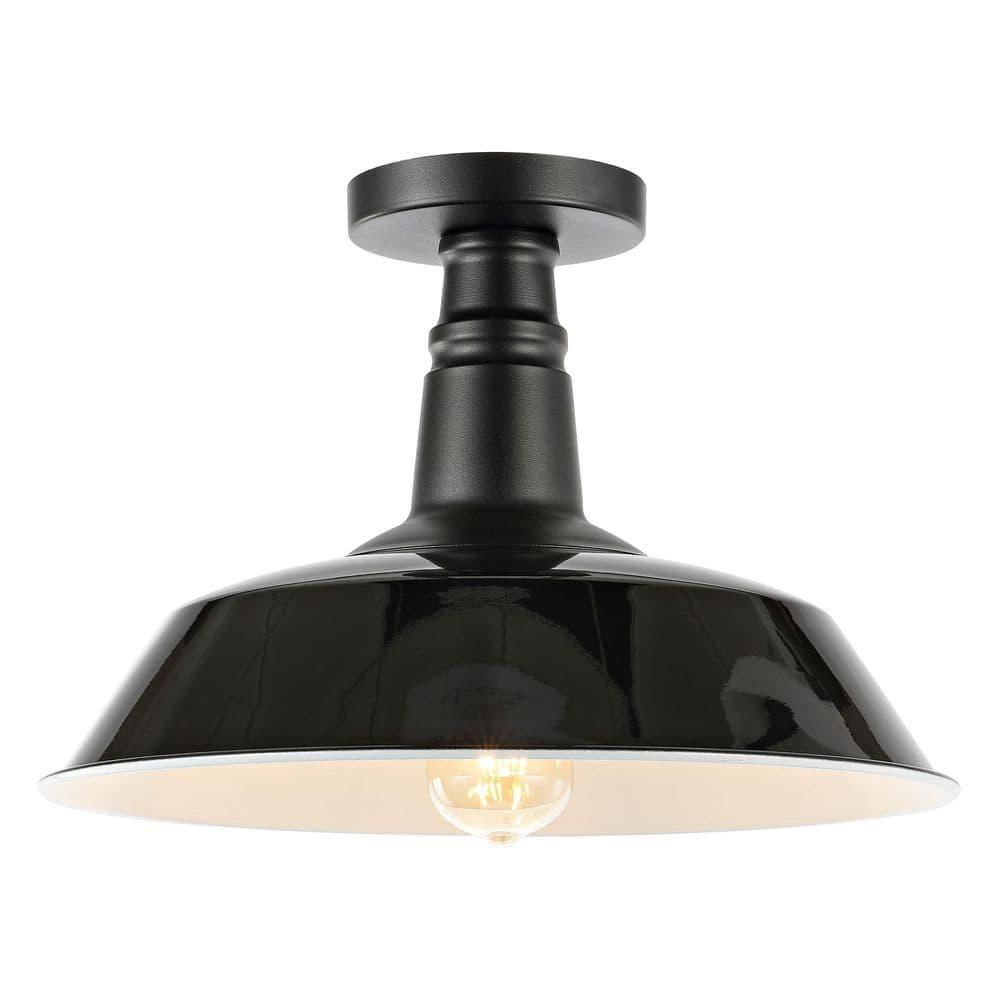 JONATHAN Y Camila 14" 1-Light Classic Industrial Indoor/Outdoor Iron LED Semi Flush Mount, Black/White, JYL7617B