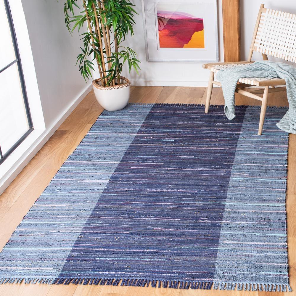 SAFAVIEH Rag Romeo Striped Fringe Cotton Area Rug, Navy/Blue, 2' x 3'