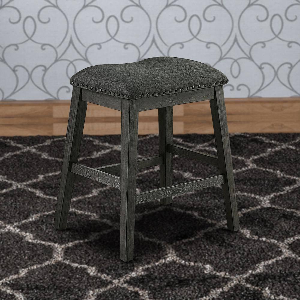 Fabric Saddle Counter Stool with Nailhead Trim, Grey - Set of 2