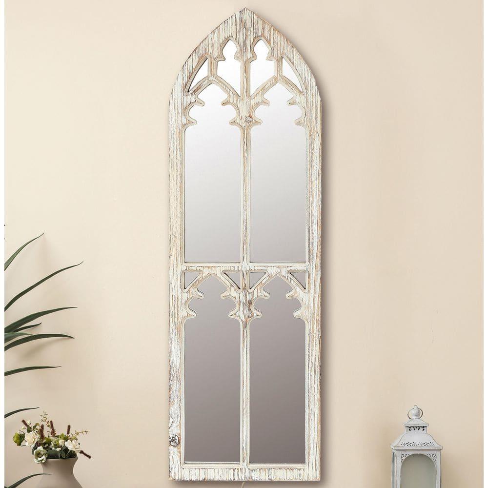 LuxenHome Distressed White Wood Cathedral Framed Wall Mirror