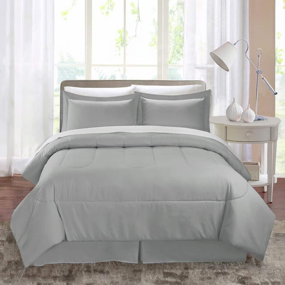 Swift Home | 8-Piece Ultra Soft Solid Bed-In-A-Bag Bedding Set Light Gray Queen