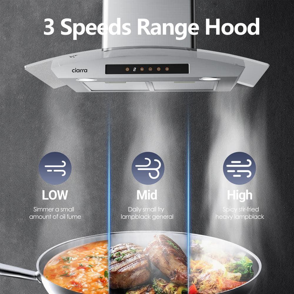 CIARRA Wall Mount Range Hood 30 inch with Tempered Glass 450 CFM Kitchen Vent Hood Ductless Ducted Convertible CAS50275