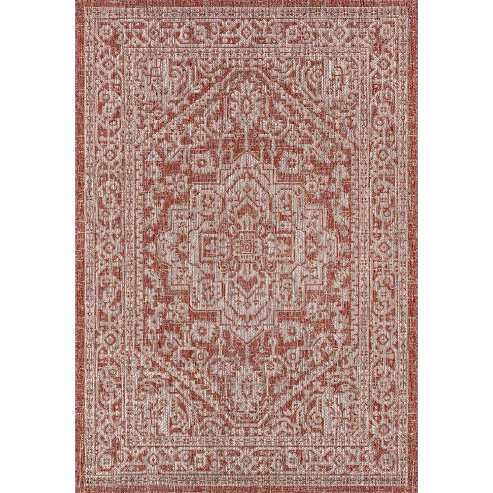 8'x10' Sinjuri Medallion Textured Weave Indoor/Outdoor Area Rug, Red/Taupe - JONATHAN Y