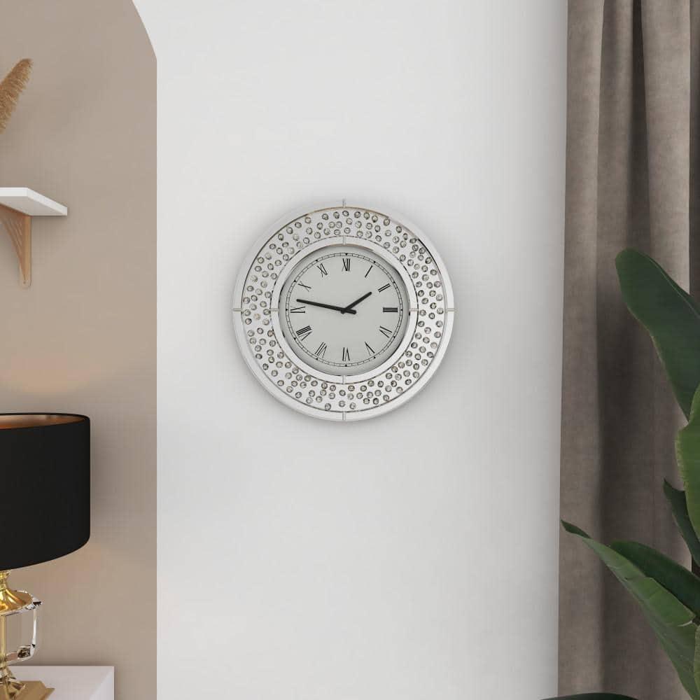 Rosdorf Park Ansonia Glass Mirrored Decorative White Wall Clock with Floating Crystals