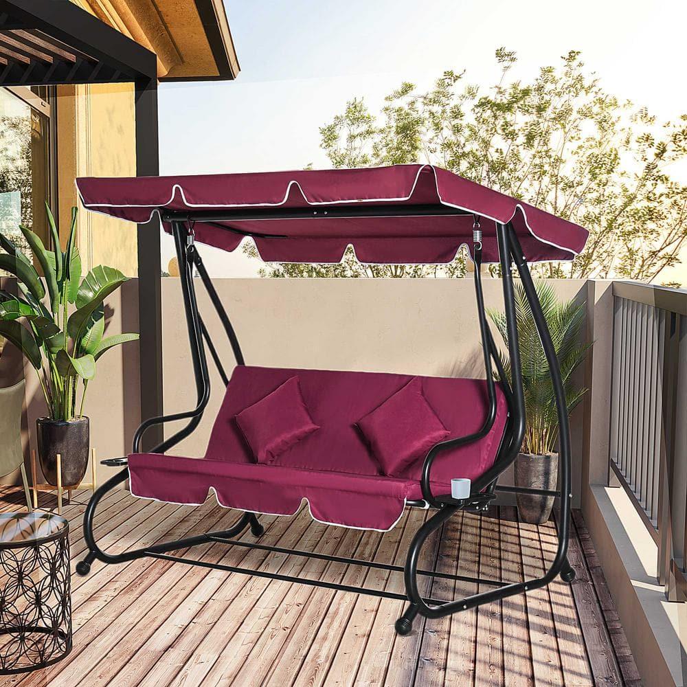 Outsunny 3 Seat Outdoor Free Standing Swing Bench Porch Swing with Stand, Comfortable Cushioned Fabric & Included Canopy, Red