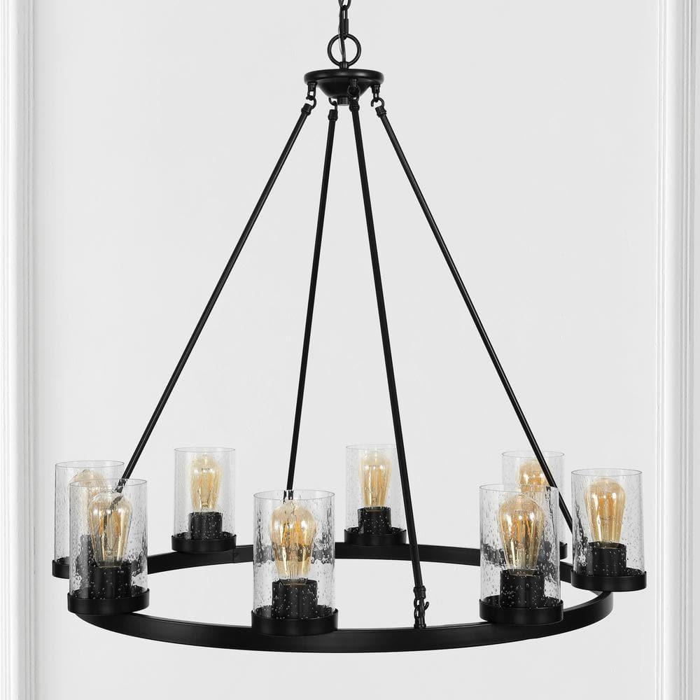 JONATHAN Y JYL7554A Coronet 33.5" 8-Light Iron/Seeded Glass Rustic Farmhouse Round LED Chandelier, Industrial, Vintage for living room, dinning room, bedroom Bulb Included, Oil Rubbed Bronze