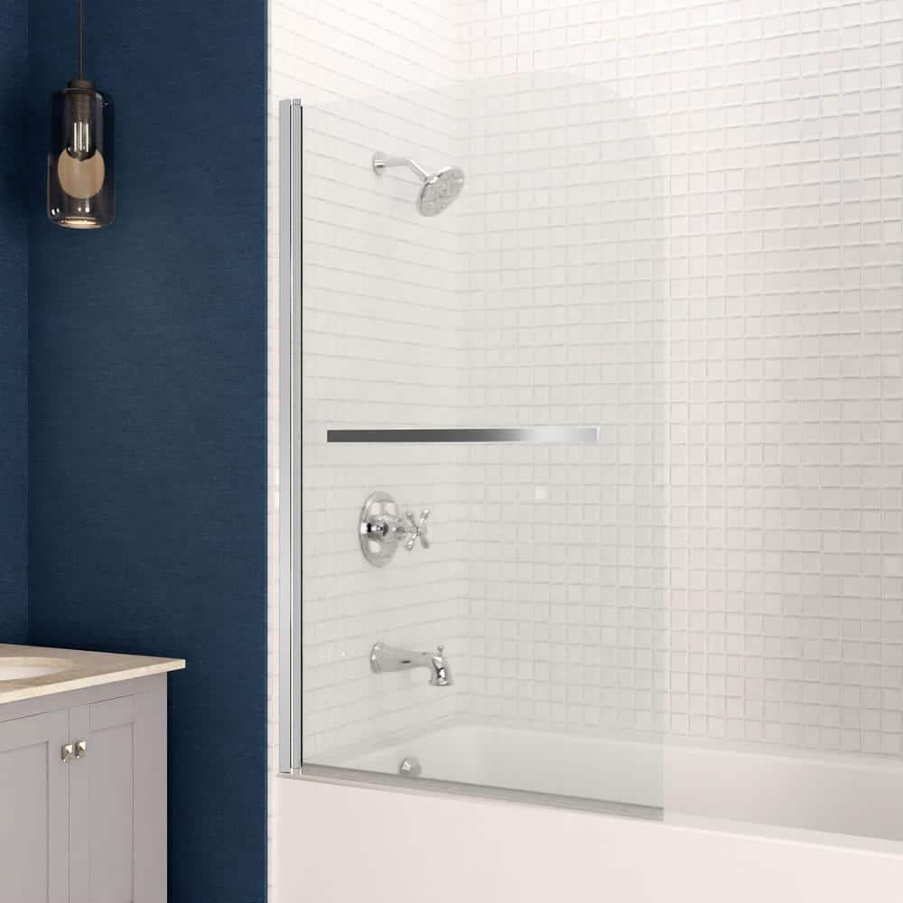 Myth 28 in. W x 56 in. H Hinged Frameless Tub Door with Tsunami Guard Technology