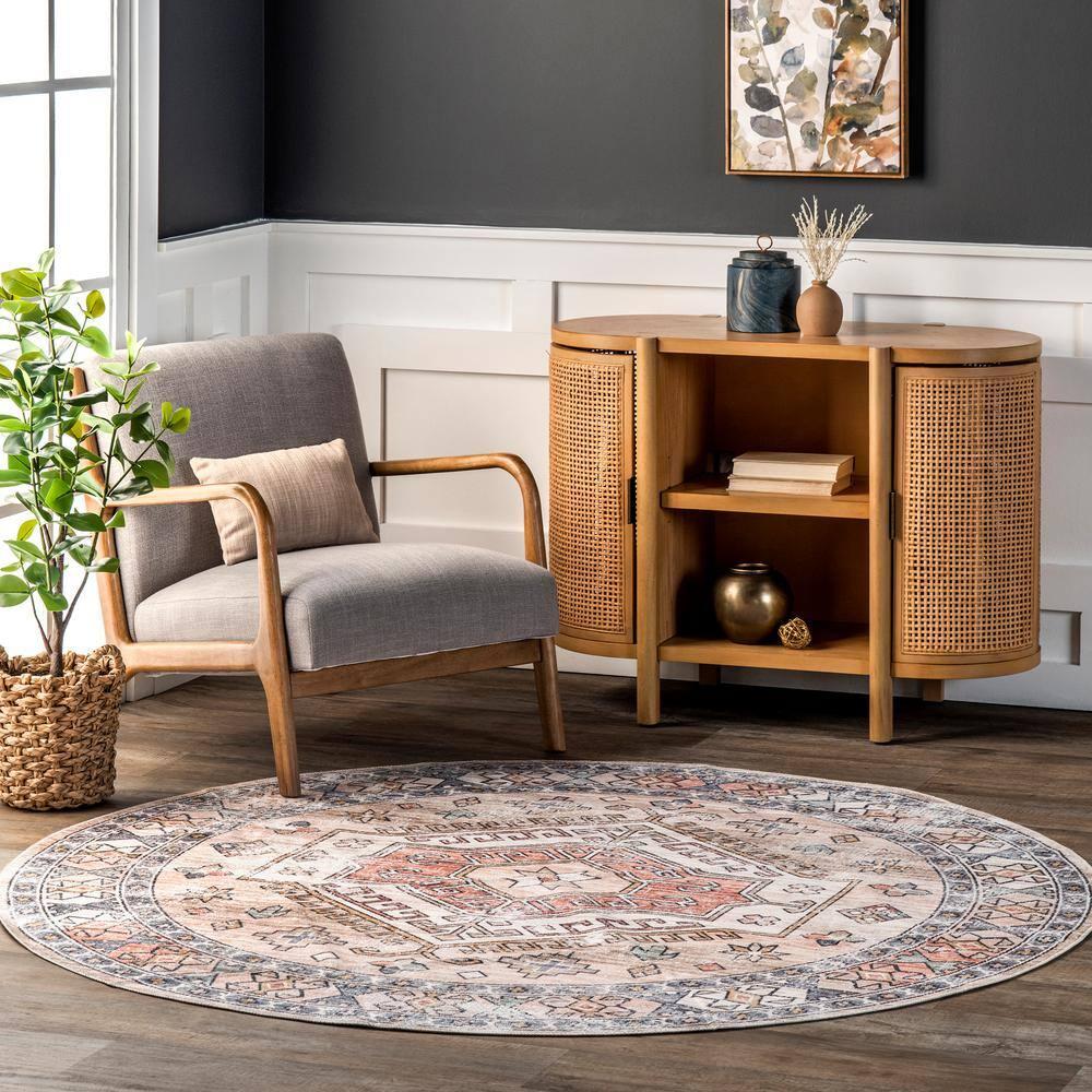 nuLOOM Mae Tribal Motif Machine Washable Peach 6' Modern Round Rug