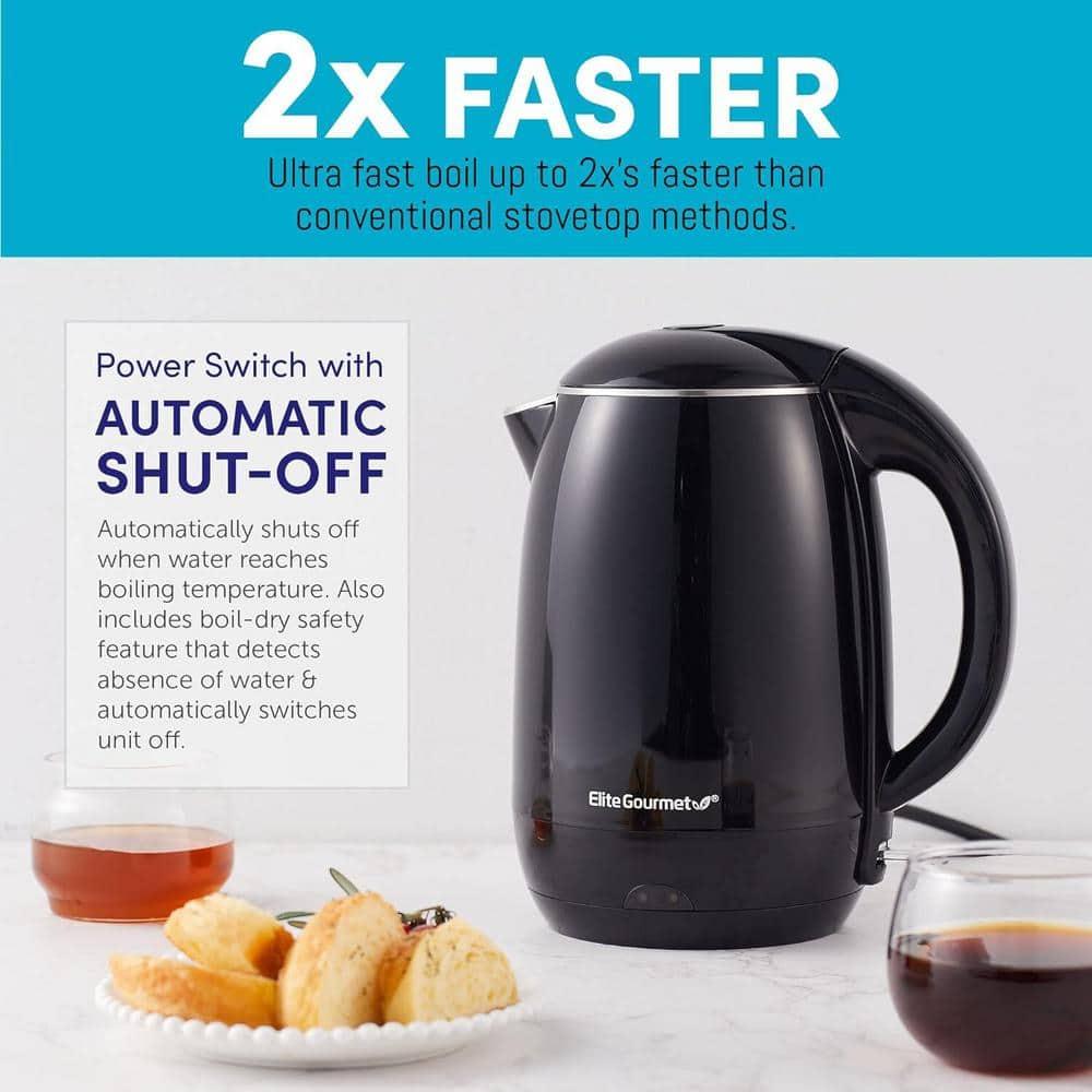 Elite Gourmet 1.8L Cool-Touch Electric Kettle, Stainless Steel, Black