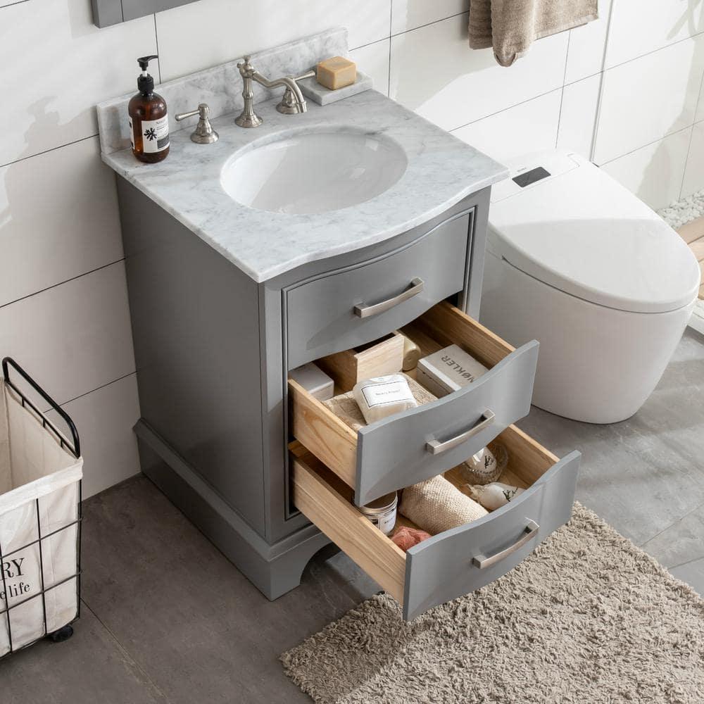 Monroe 24 in. W x 22 in. D Bath Vanity in Gray with Natural Marble Vanity Top in Carrara White with White Sink